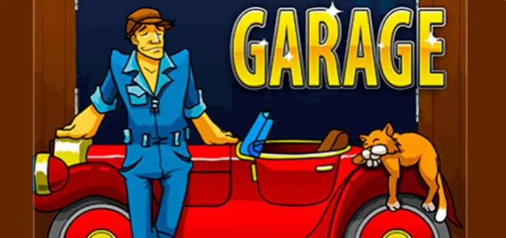 Portada del Garage original de Igrosoft: mecánico de overol azul, auto rojo convertible y gato dormido